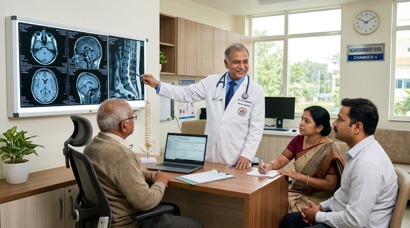 Senior neurosurgeon conducting clinical scan evaluation and patient consultation in OPD Chamber at Neuro Panacea Hospitals Malda