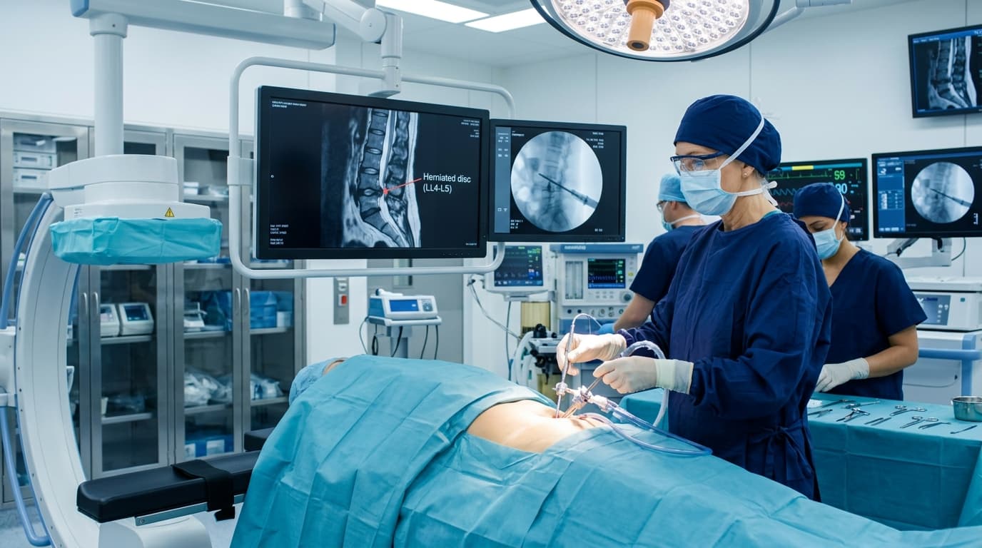 Minimally invasive lumbar spine microdiscectomy procedure with high-resolution intraoperative imaging at Neuro Panacea Hospitals Malda